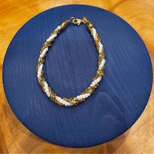 Vintage Monet • Gold Tone White Seed Bead Twisted Chain • Bracelet